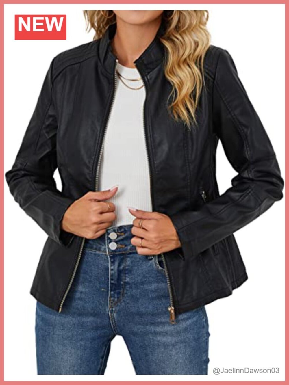 Faux Leather Moto Biker Jacket Stand Collar Zip Pockets